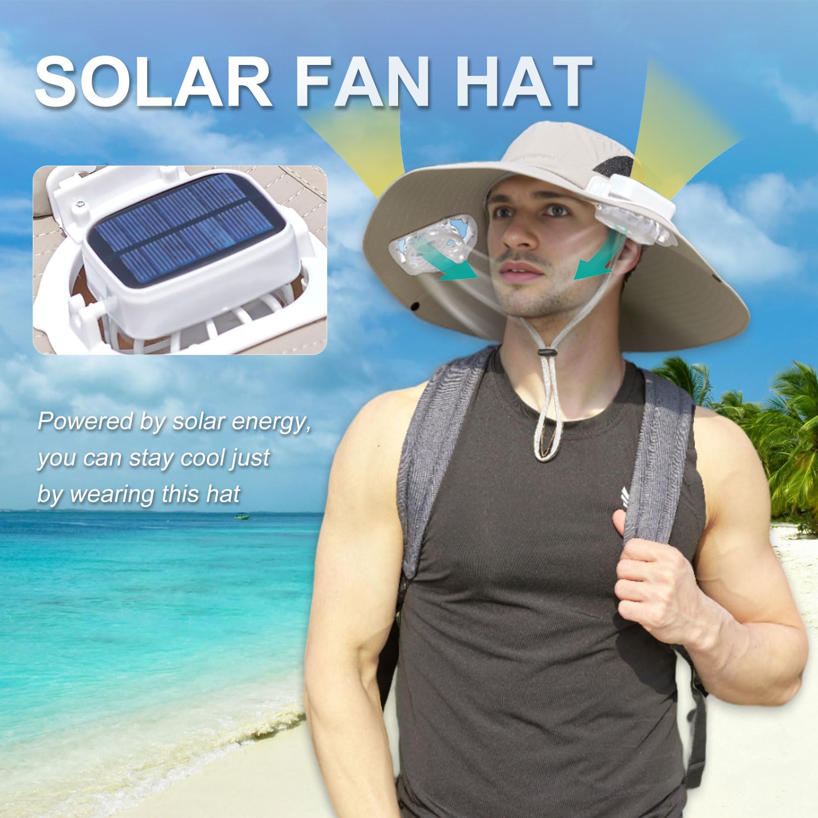 Cappello da pesca da uomo con 2 ventilatori solari Cappello da pescatore solare con protezione UV a tesa larga da 6" Cappelli a secchiello unisex per escursioni in spiaggia,Grigio,One Size