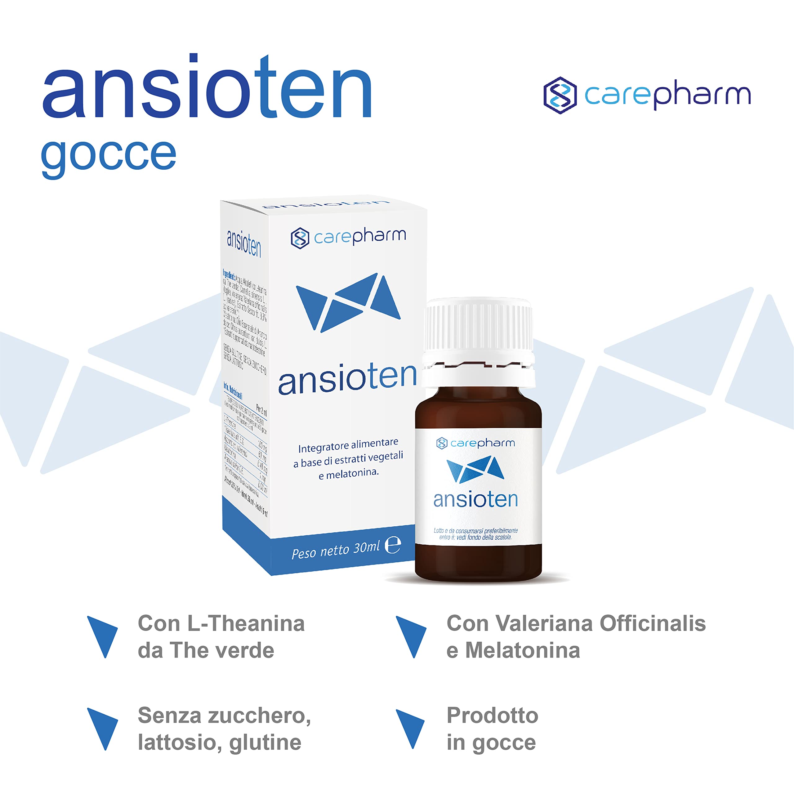 Carepharm, Ansioten, Integratore Alimentare Liquido a Base di Estratti Vegetali, Favorisce il Rilassamento e il Sonno in Caso di Stress, Senza Zuccheri, Senza Lattosio, 30 ml