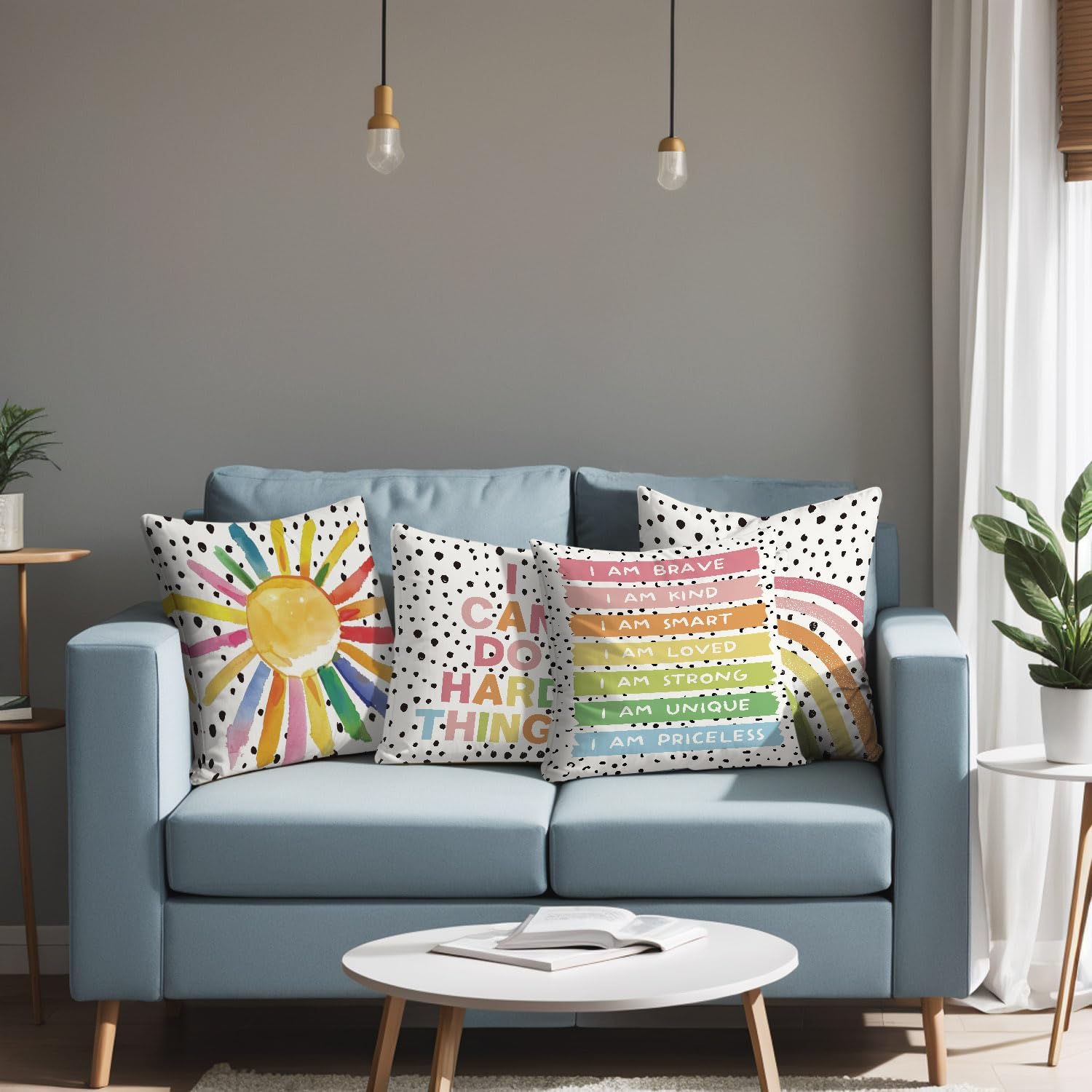 Boho Classroom Decorative Pillow Covers,Inspirational Colourful Sun Rainbow Throw Pillow Covers Decor for Nursery Playroom Living Room Kids Bedroom,18x18 Inch Pillowcase Set of 4 - Image 2