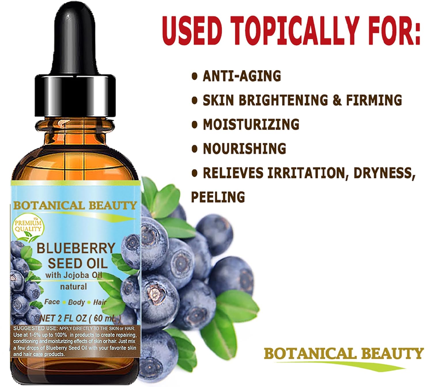 Botanical Beauty BLUEBERRY SEED OIL Virgin Unrefined Cold-Pressed Carrier Oil 4 Fl.oz.- 120 ml for Face, Dry Skin, Body, Hair, Nails, Anti-Aging Moisturizer