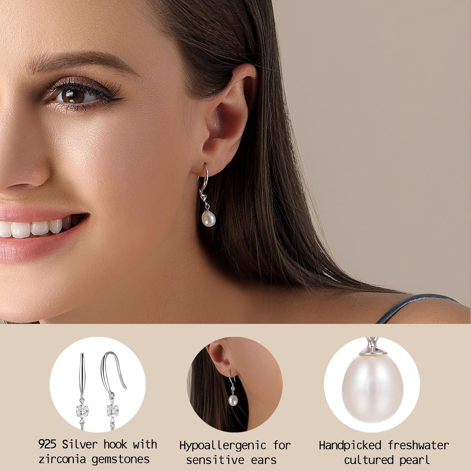 Pearl Earrings for Women Dangle Drop Hypoallergenic Earrings with Freshwater Cultured Pearls, 925 Sterling Silver and Cubic Zirconia Gifts Mom Mother's Day Gifts for Women, Her, Wife, Sister