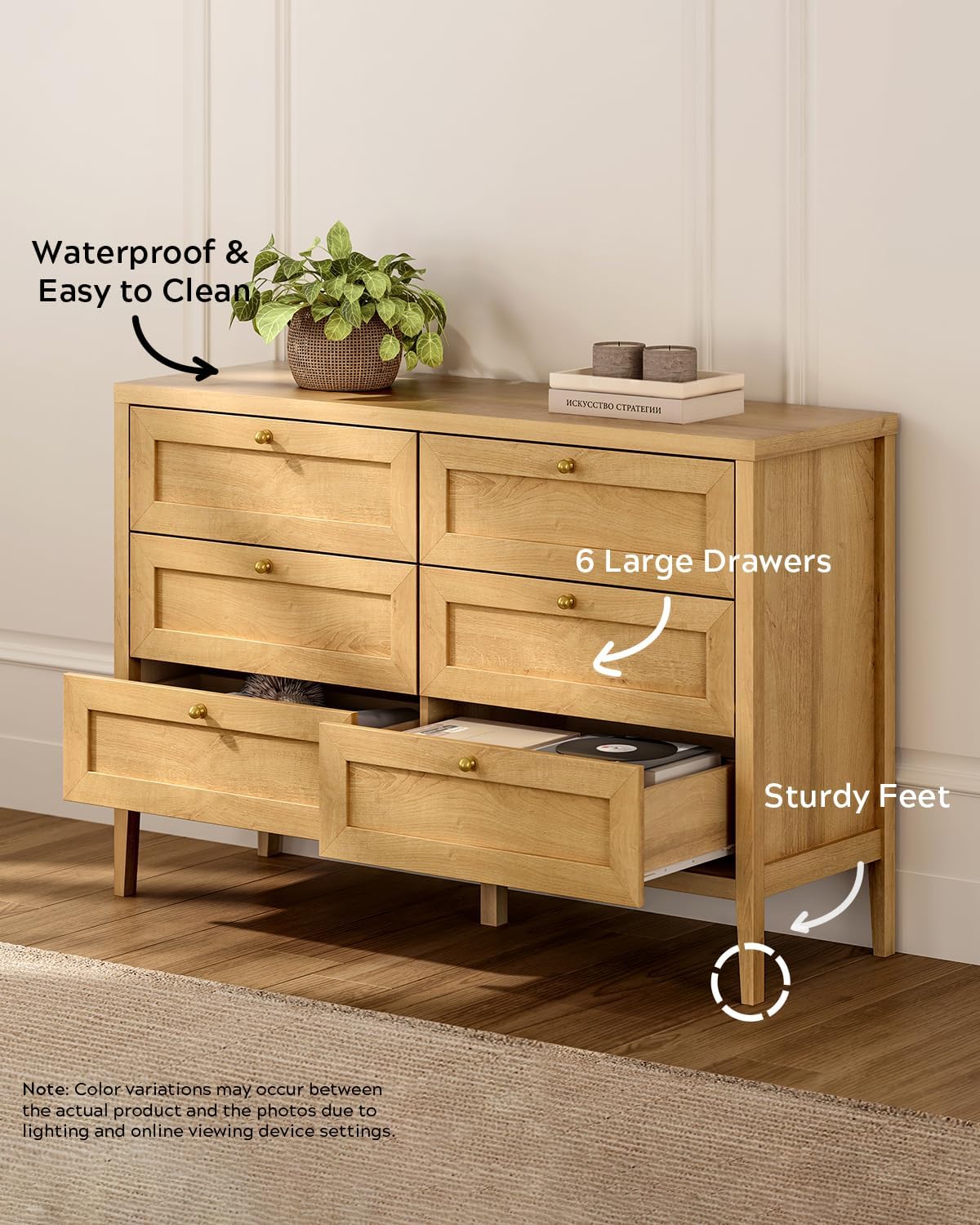 Farmhouse 6 Drawer Dresser, Modern Chest of Drawers with Golden Handles, Wood Tall Nightstand, Storage Dresser Cabinet Side Table for Bedroom Living Room, Natural Oak