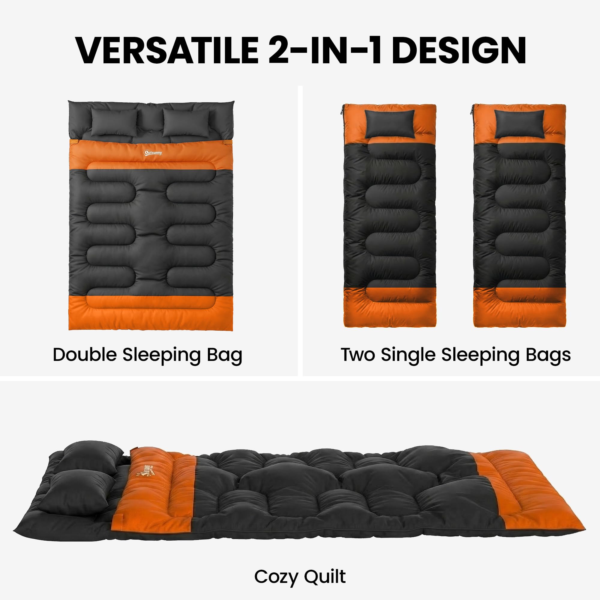 Outsunny Double Sleeping Bag with 2 Pillows, 220 x 160 cm Extra-Large Sleeping Bag for Adults, Detachable into Two Singles or Quilts, for Camping, Hiking - 4