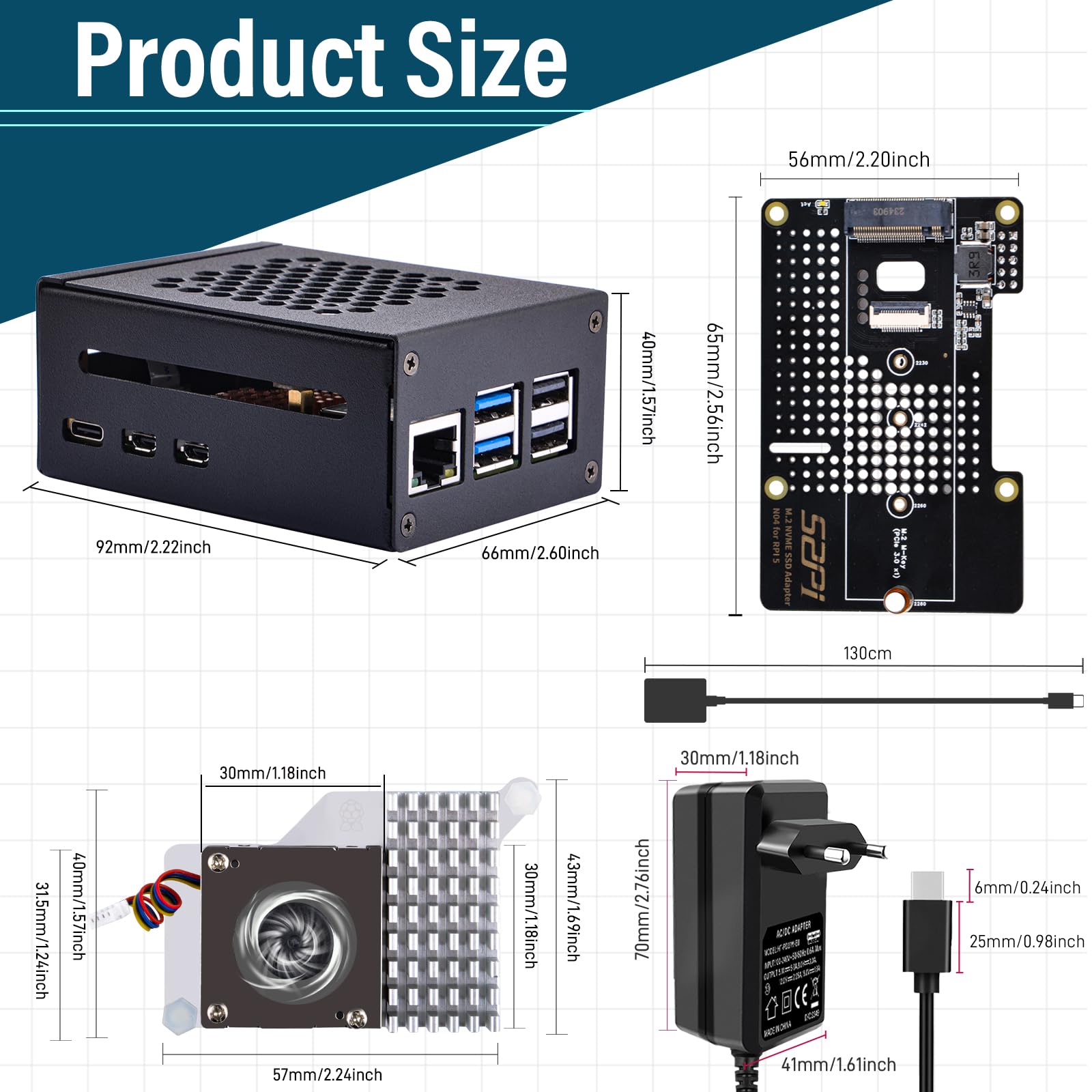 GeeekPi Metalowa obudowa dla Raspberry Pi 5, z oficjalną aktywną chłodnicą, kartą brzegową N04 M.2 NVMe SSD PCIe i zasilaczem USB C 27 W dla Raspberry Pi 5 8 GB 4 GB