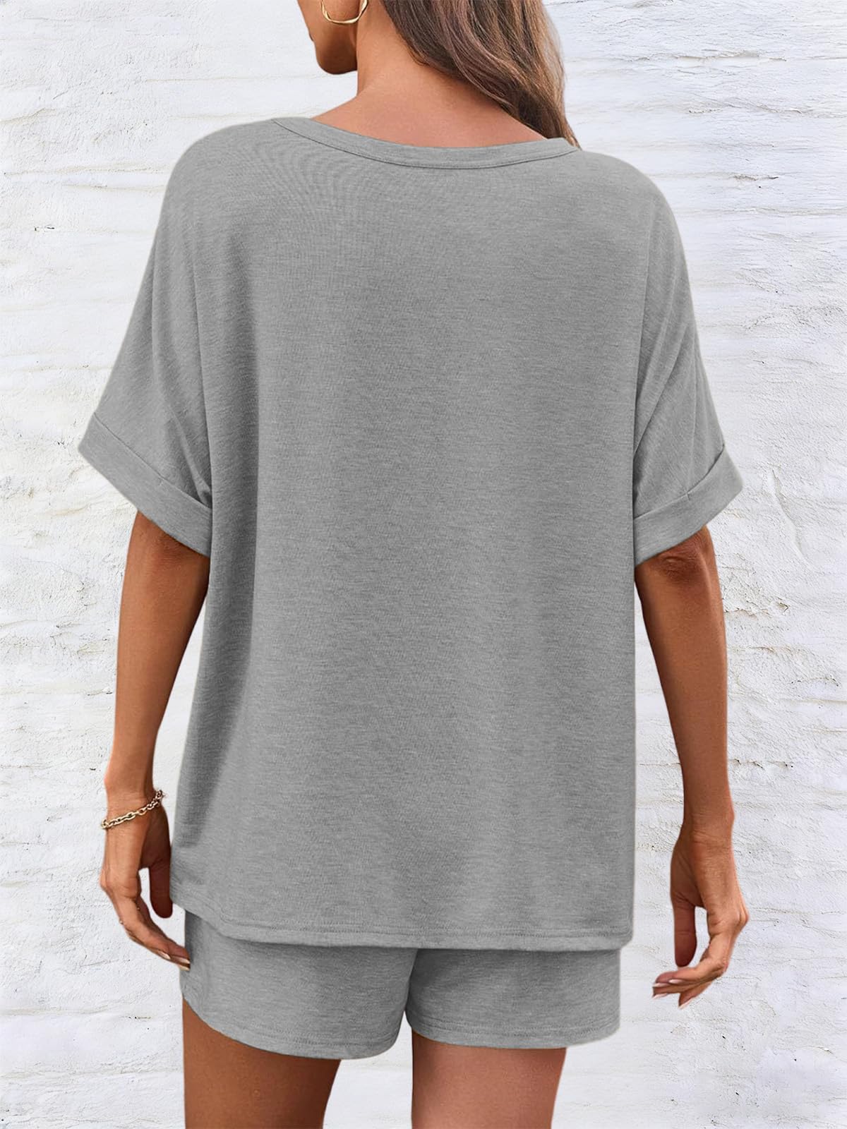 NLAND Mujer Conjunto Chándal 2 Piezas De Pantalones Verano Cortos Con Casual De Camiseta Bolsillos Y Cuello Redondo Top，Gris，L - 4