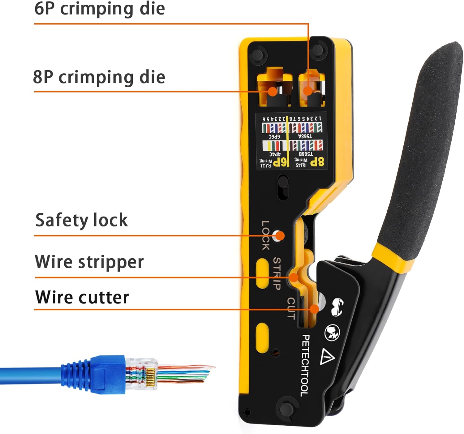 PETECHTOOL RJ45 Crimp Tool Kit Cat6 Crimping Tool for RJ45 Pass Through Connectors & RJ11/RJ12 Ends with Ethernet Tester, 50Pcs Cat6 Connectors, Wire Cutter, 50Pcs RJ45 Covers, Mini Stripper and Blade