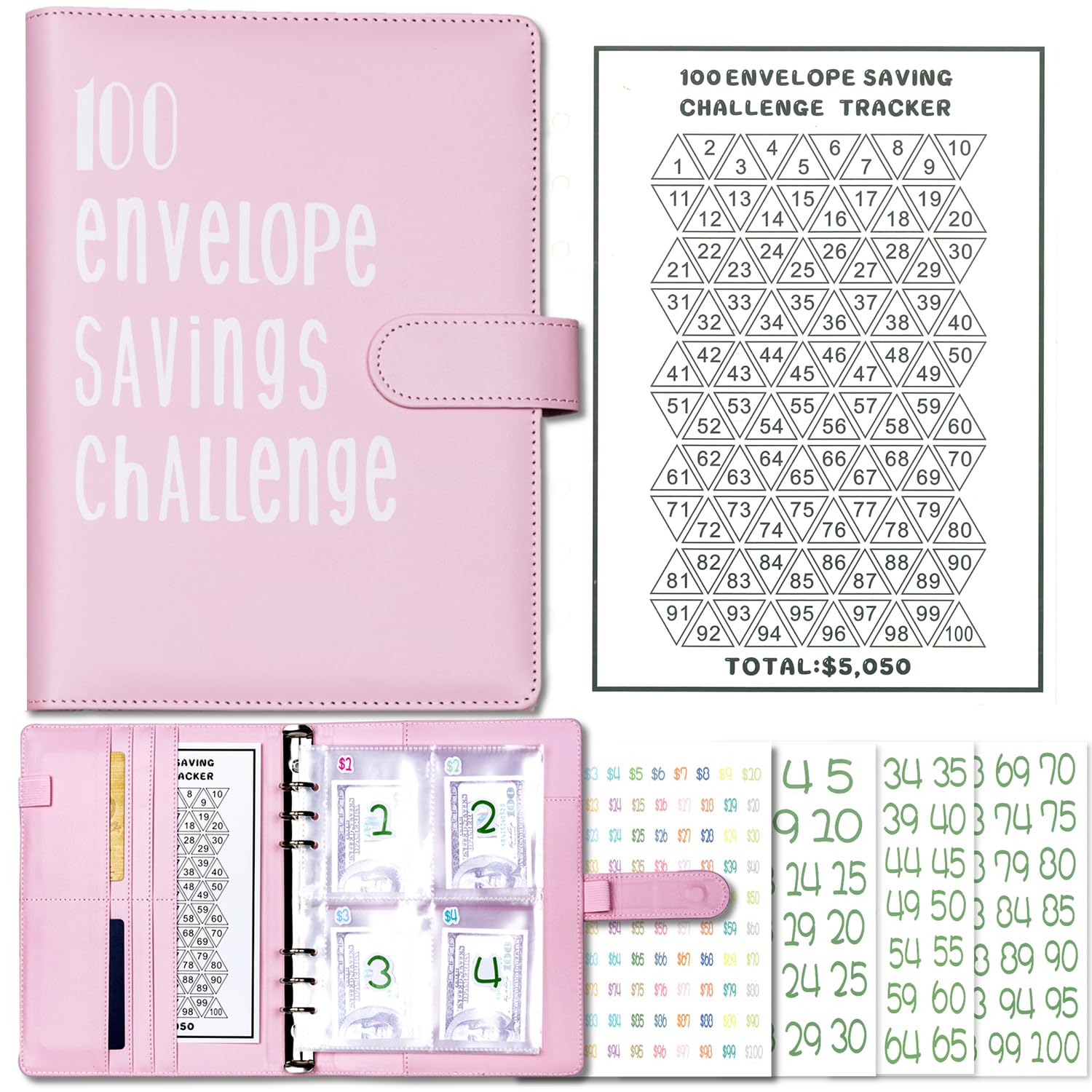 v2croft 100 Envelope Challenge Binder, Budget Binder with Cash Envelopes, Easy and Fun Way to Save $5,050, Money Saving Planner Book (Pink)