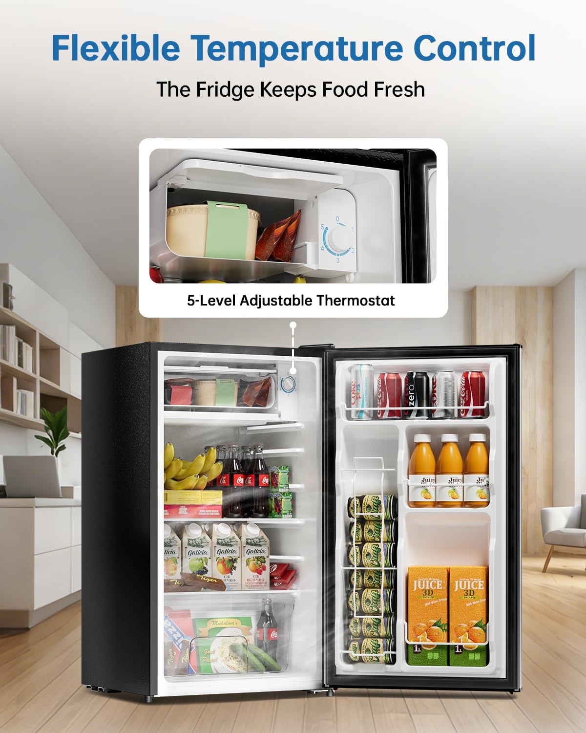 3.2 Cu Ft Mini Fridge with Freezer - Energy Efficient, Large Capacity Single Door Upright Freezer for Bedroom, Office & Dorm | Small Fridge, Reversible Door, ETL Certified(Silver)