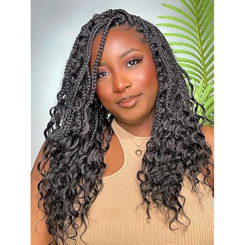 Short Boho Braided Wig Full Lace Human Hair Blended Knotless Box Braid Wig with Baby Hair Bohemian Curly Ends (1-Black, 16 Inch)