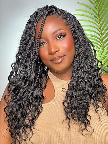 MS.FEEL Short Boho Braided Wig Full Lace Human Hair Blended Knotless Box Braid Wig with Baby Hair Bohemian Curly Ends (1-Black, 16 Inch)