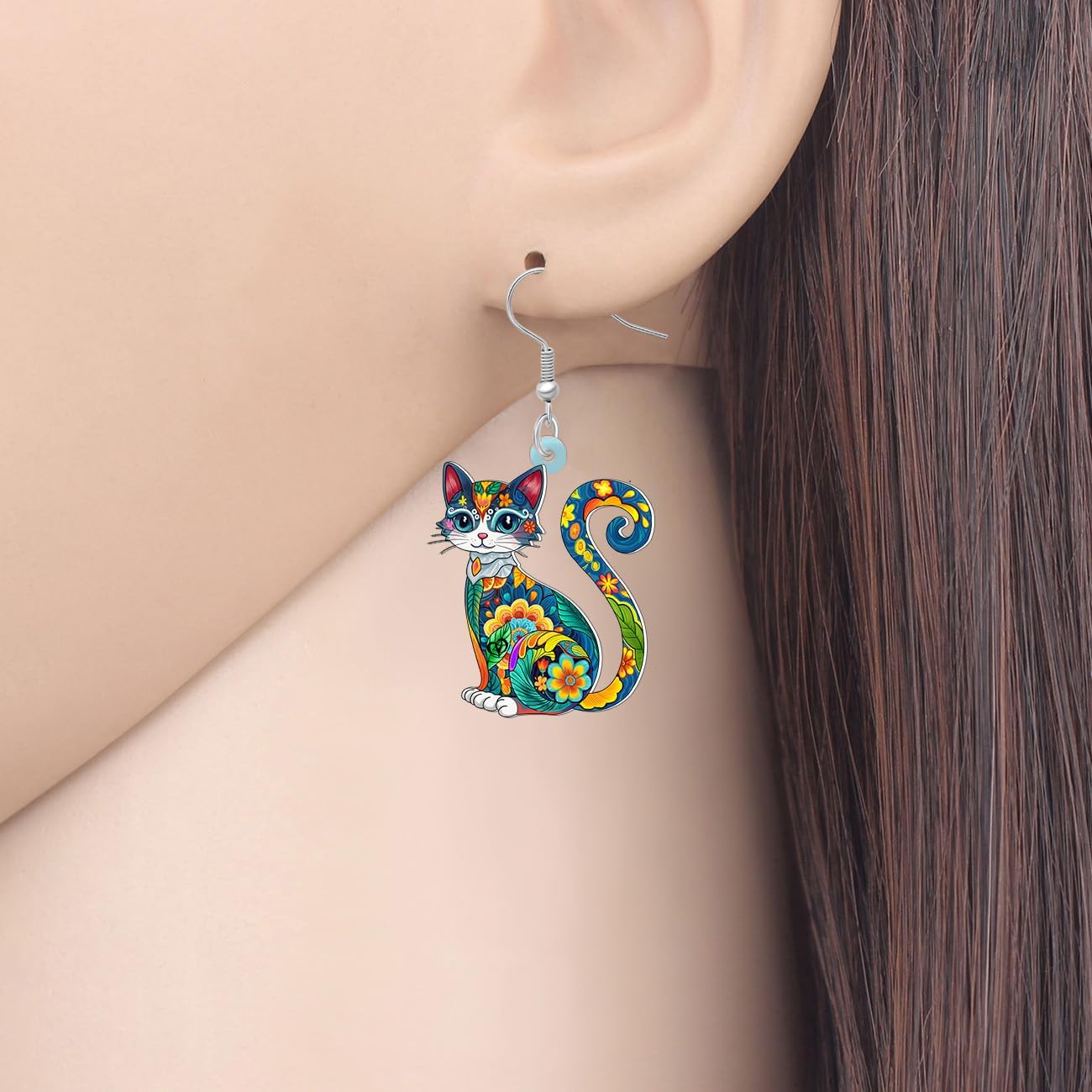 NEWEI Acrylic Cute Floral Cat Earrings Dangle for Women Funny Animal Kitten Pets Bohemian Design Jewelry Accessories Boho Gifts for Cat Lovers Mom Charms - Image 2