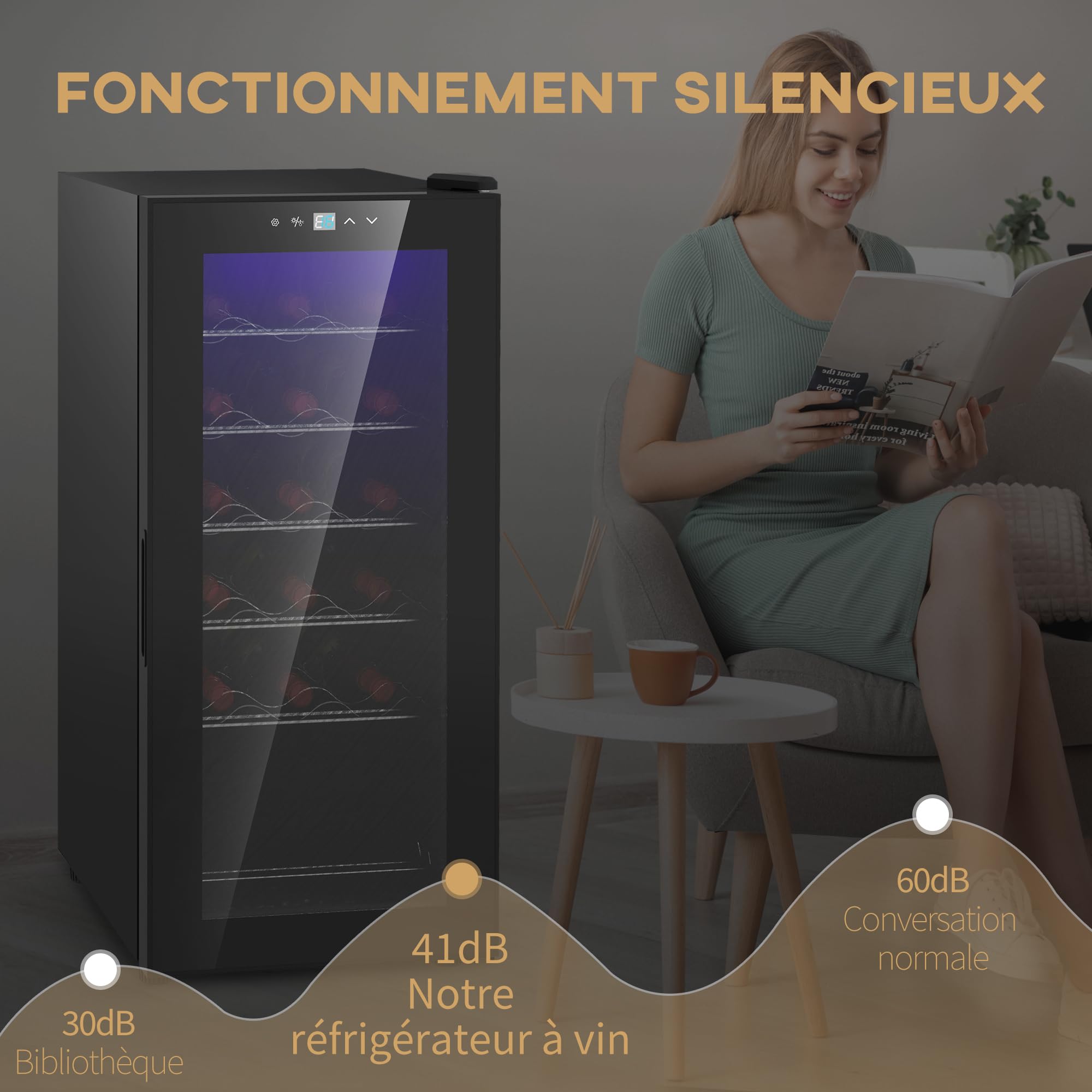 HOMCOM Cave à Vin 18 Bouteilles 50L, Réfrigérateur à Vin Silencieux, Porte en Verre, Étagères Réglables, Éclairage LED, Écran Tactile, Contrôle Température 5-18°C, Noir