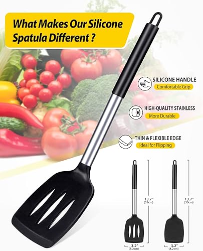 Vista 2 de Pack of 2 Silicone Solid Turner, Non Stick Slotted Kitchen Spatulas, High Heat Resistant BPA Free Cooking Utensils, Ideal Cookware for Fish, Eggs