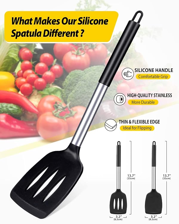 Pack of 2 Silicone Solid Turner, Non Stick Slotted Kitchen Spatulas, High Heat Resistant BPA Free Cooking Utensils, Ideal Cookware for Fish, Eggs, Pancakes(Black) by BUNDLEPRO - Image 2