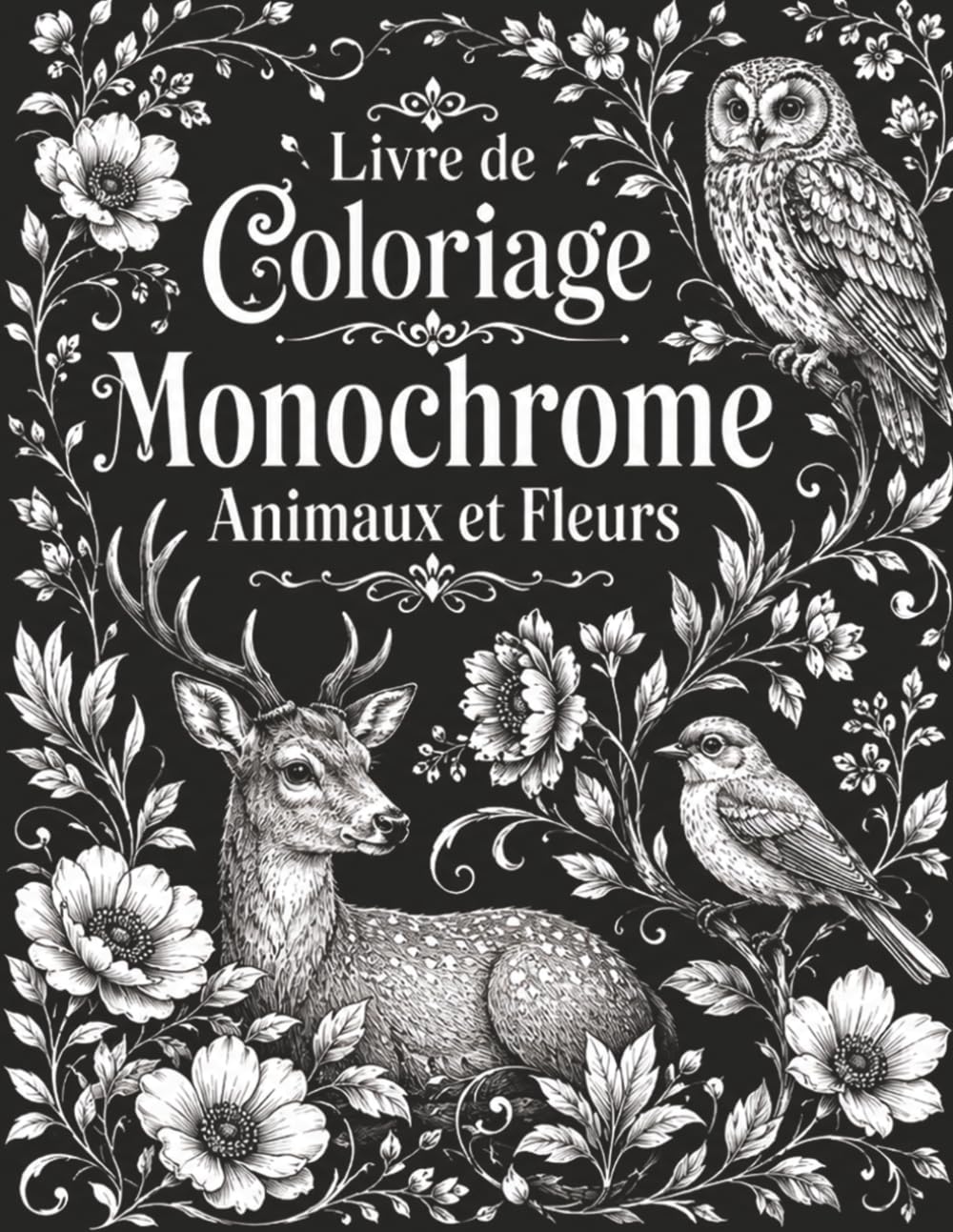 Livre de Coloriage Monochrome Animaux et Fleurs: Illustrations en noir et blanc à une seule couleur avec faune douce, bouquets floraux et scènes nature relaxantes