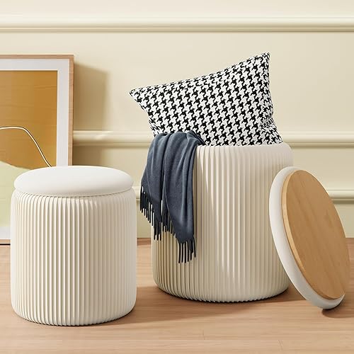 Miniatura 10 de Juego de 2 otomanas beige con almacenamiento, taburete de tocador tapizado de terciopelo, cómodos taburetes redondos de maquillaje, reposapiés