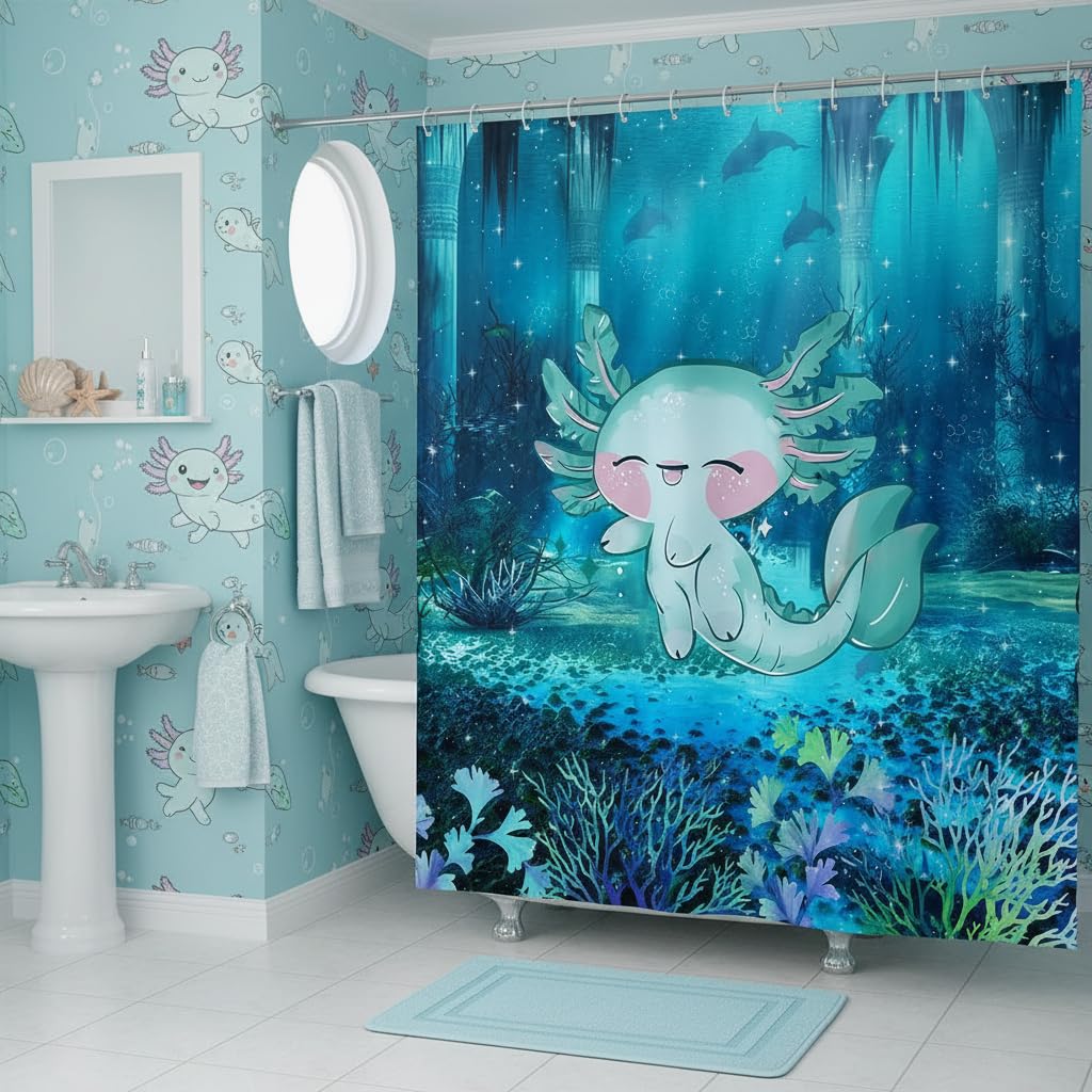 Rideau de douche axolotl avec motif plante dessin animé lavable et imperméable