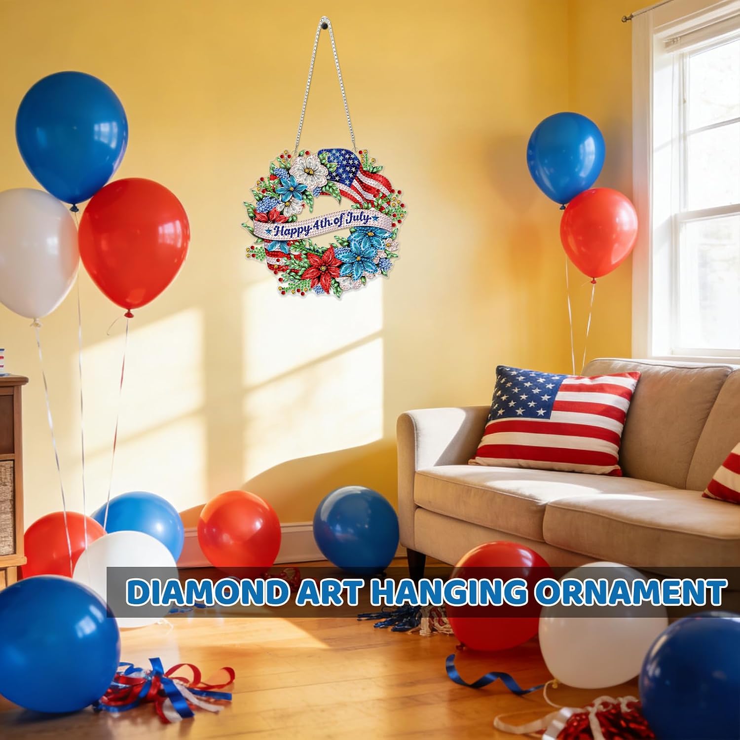 MEIYUDA Independence Day Diamond Art Hanging Kits for Adult, Happy 4th of July Flowers Wreath Diamond Painting Kit Ornaments, DIY Rhinestone Window Kits for Home Garden Wall Decor Gift WS154 image 2