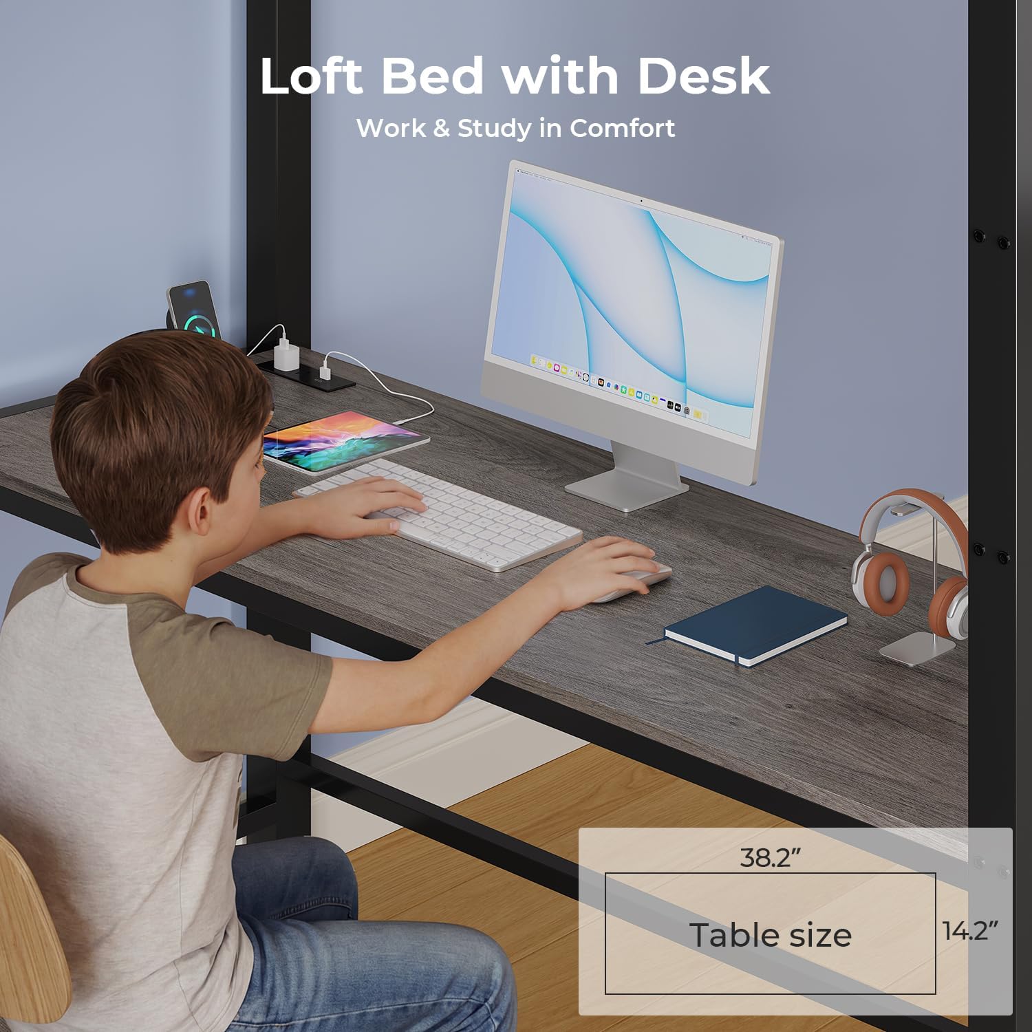 ADORNEVE Twin Loft Bed with Desk,14 Storage Drawers & Power Outlet, Kids Loft Bed Twin Size with LED Lights, Pegboard, Metal Loft Beds with Safety Guardrail & Ladder, Space Saving for Teens, Black