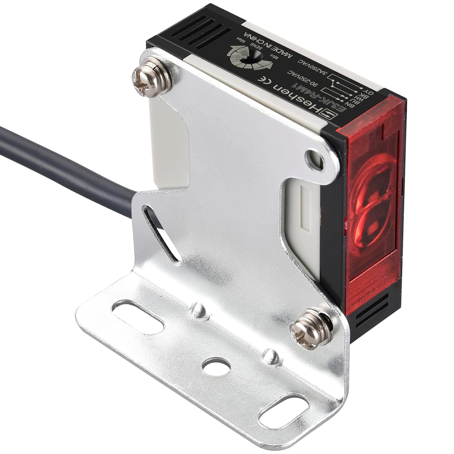 Heschen E3JK-R4M1 Photoelectric Switch mounted on its bracket, showing the sensor's orientation.