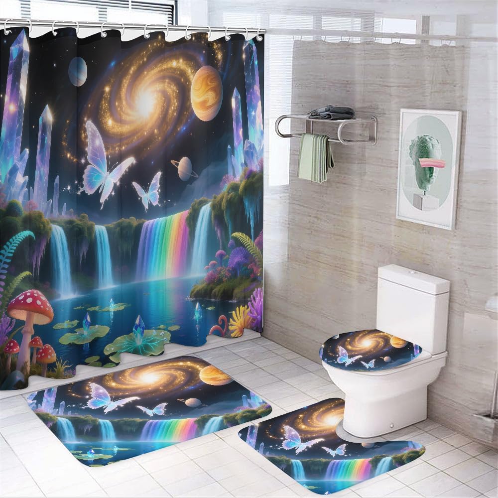 Plants Lake Waterfall 4 Pcs Shower Curtain, Night Shining Stars 3D Print Shower Curtain Set with 12 Hooks Bath Non-Slip Rugs Toilet Lid Cover U Shaped Mat, Bathroom Bathtub Decor