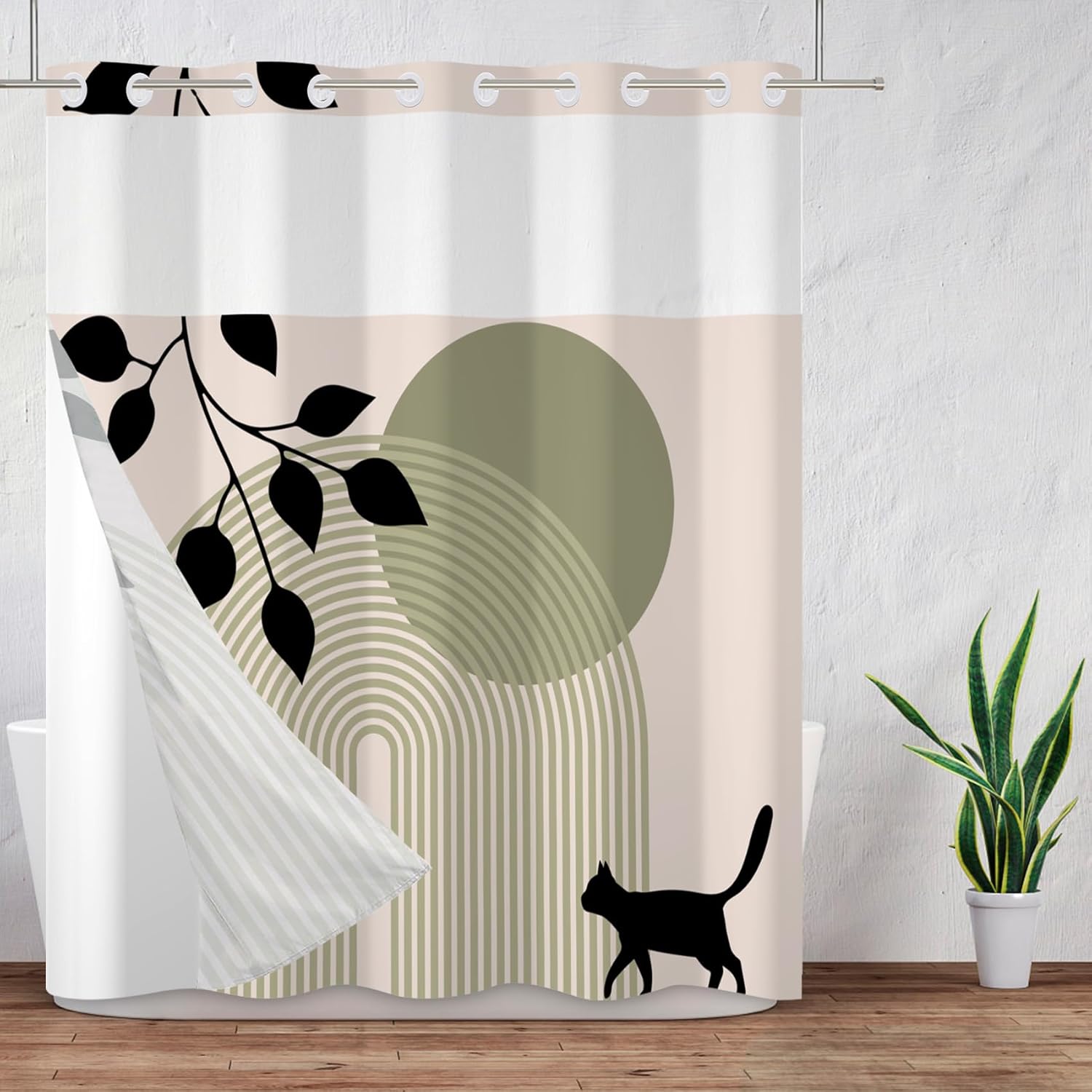 Baocicco No Hook Shower Curtain with Snap in Liner Minimalist Boho Mid Century Silhouette Cat Botanical No Hook Fabric Shower Curtains Set Double Shower Curtain for Bathroom Bathtub 71x83 Inch