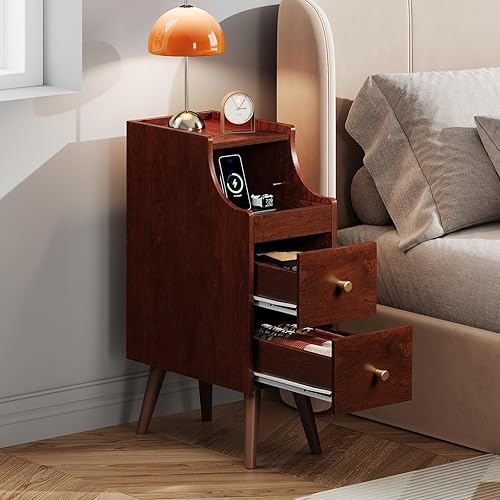 WLIVE Mesita de noche pequeña con cajones, mesitas de noche estrechas con estante abierto y orificio para cable, mesita de noche estrecha para