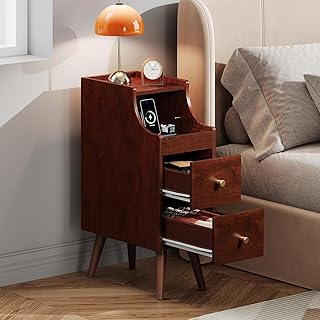 WLIVE Small Nightstand with Drawers, Narrow Bedside Tables with Open Shelf & Cable Hole, Narrow Nightstand for Bedroom, Modern Storage Cabinet for Small Spaces/Living Room, Cherry