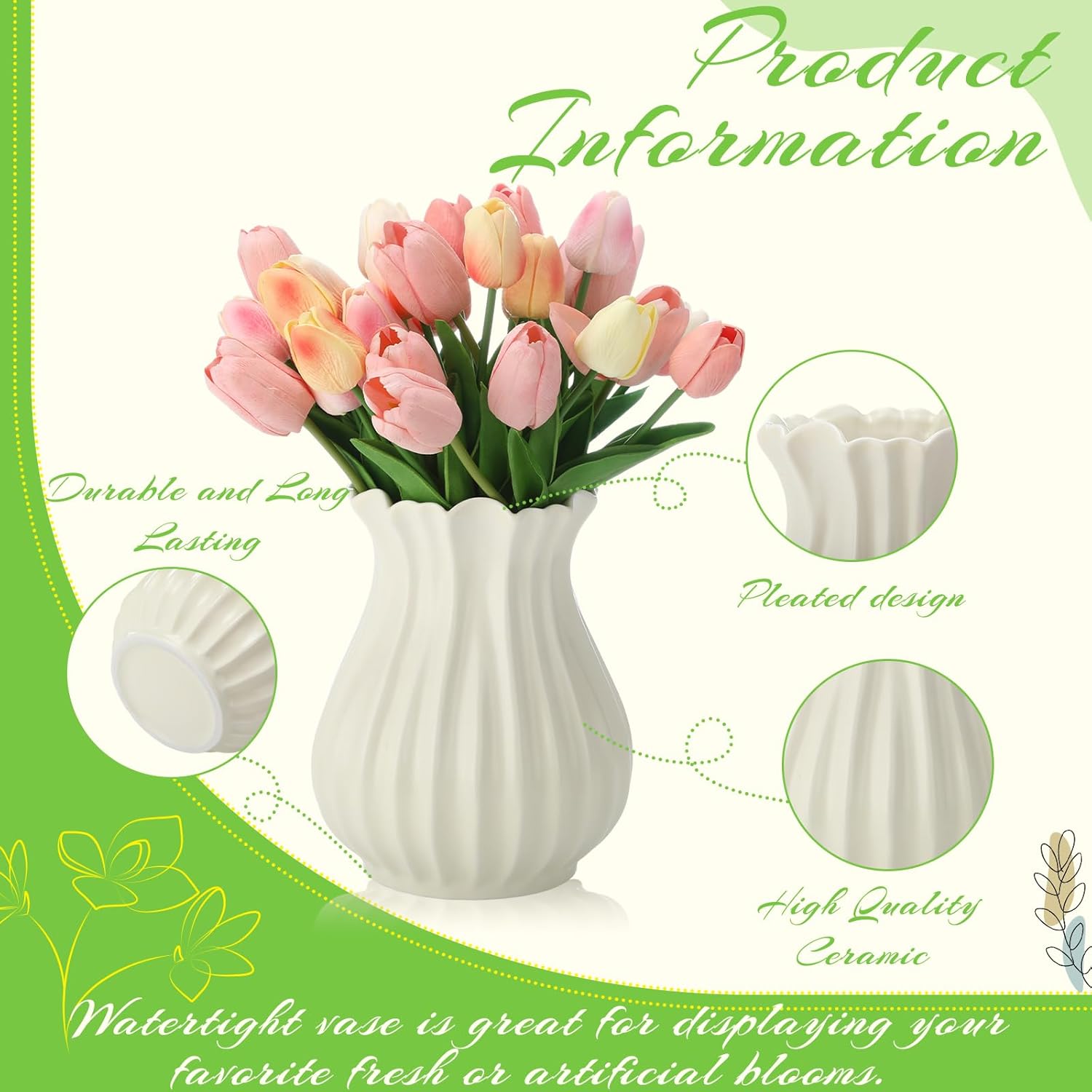 Qinyoung 1 Pack White Vintage Pleated Ceramic Vase Sour Cream Stylish Decorative Flower Vase for Bouquet Living Room Cabinet Table Centerpieces Wedding (9 x 7.32 Inches)