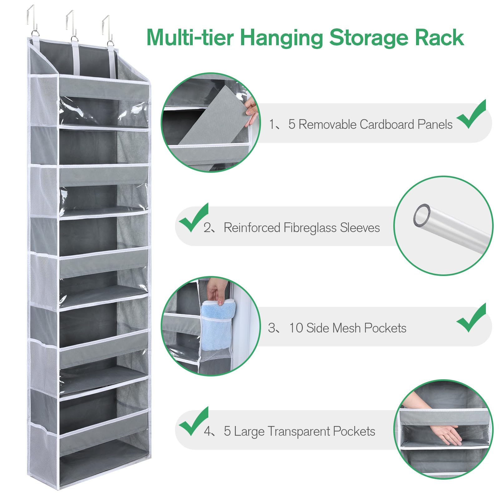 OTraki Wiszący organizer do szafy, 140 x 39 x 17 cm, 5 półek, przezroczyste okienko, z 10 kieszeniami bocznymi z siateczki, z metalowymi haczykami, do łazienki, sypialni, kuchni