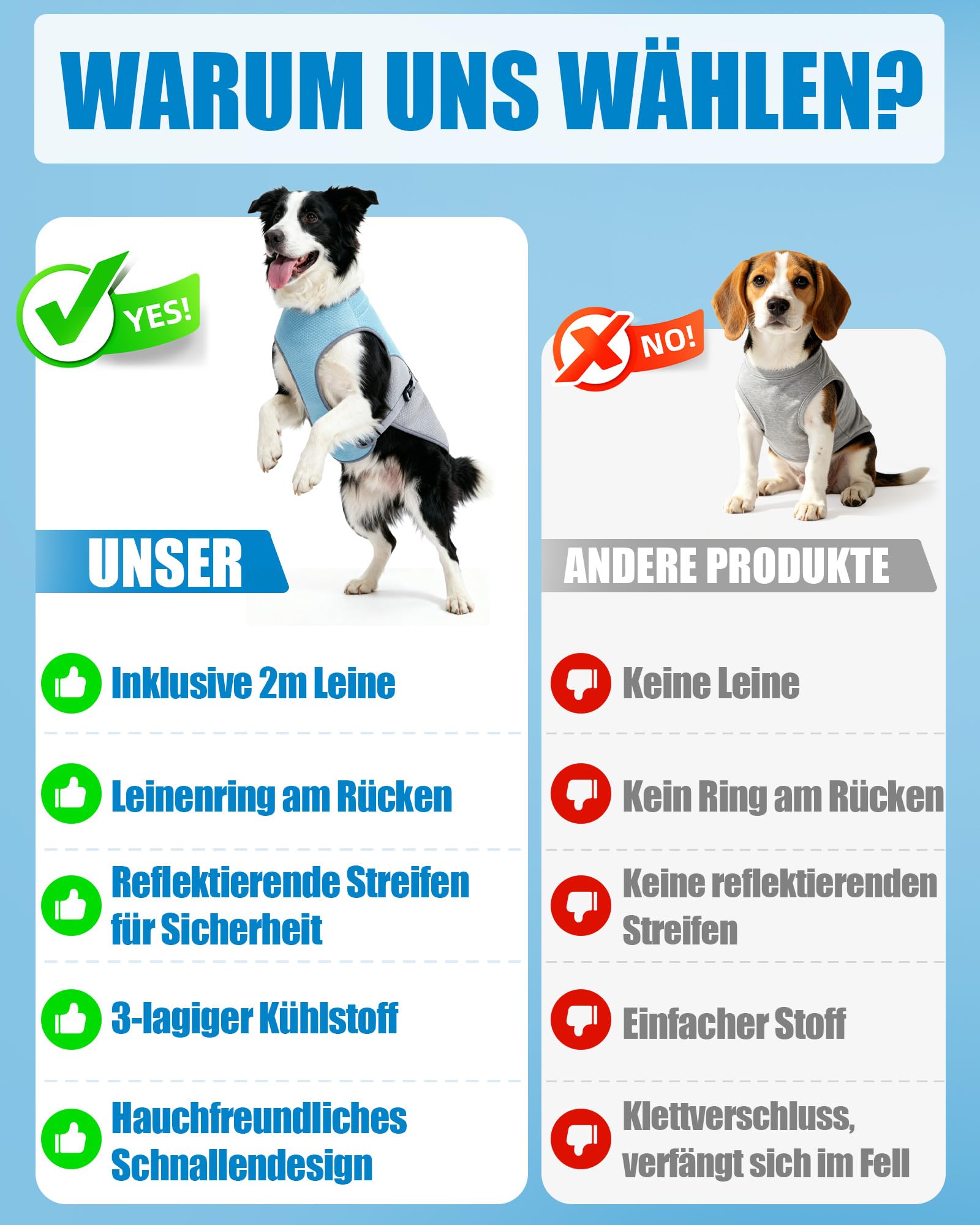 Kühlweste Hund mit 2 m Leine, Hunde Kühlweste für Kleine und Große Hunde, Reflektierende und Atmungsaktive Kühljacke für Sommer, Outdoor und Training