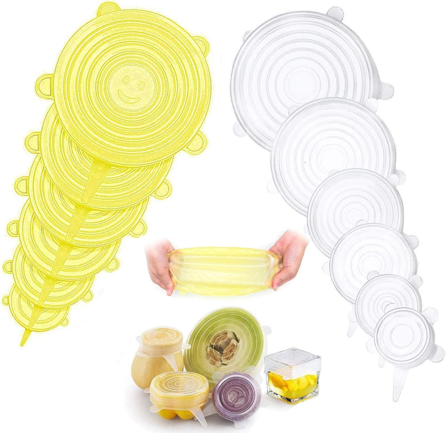 Silicone Stretch Lids, 12 Pack Silicone Lids for Pots Flexible Reusable Lids for Bowls Food Storage Home Organization Eco-friendly（White+Yellow)