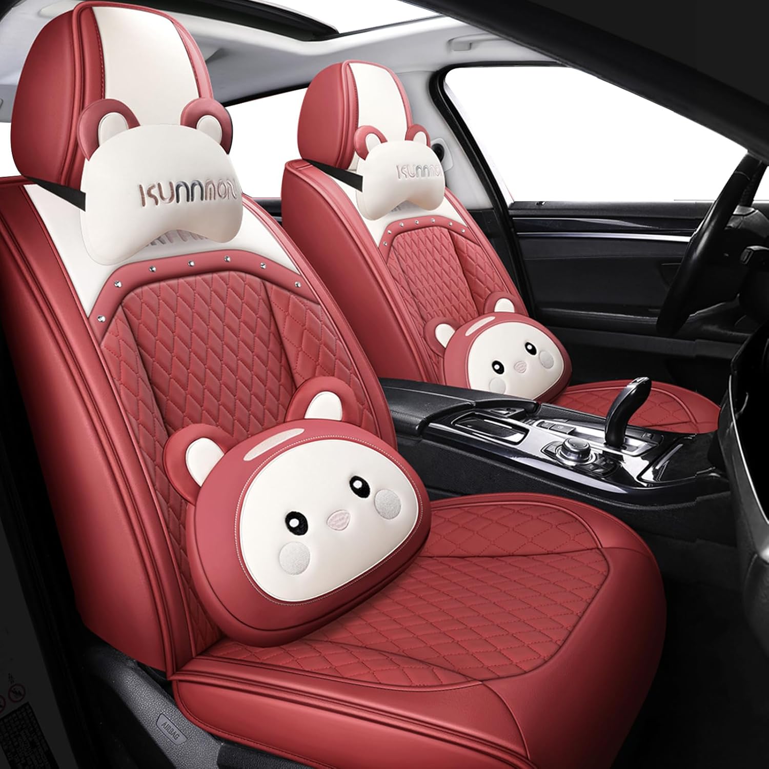 JinlinKar Cute Cartoon Bear car seat Cover 5 Set with Waterproof PU Leather for Cars SUV Pick-up Truck Universal Fit Set (Green)