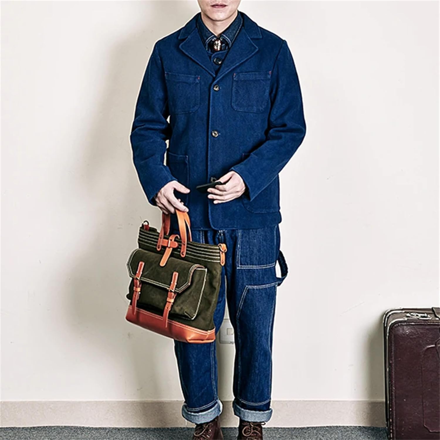 Men's Cargo Jacket Heavy Weight Cotton Lapel Multi Pocket Jacket Vintage Thick Single Breasted Workwear Coat