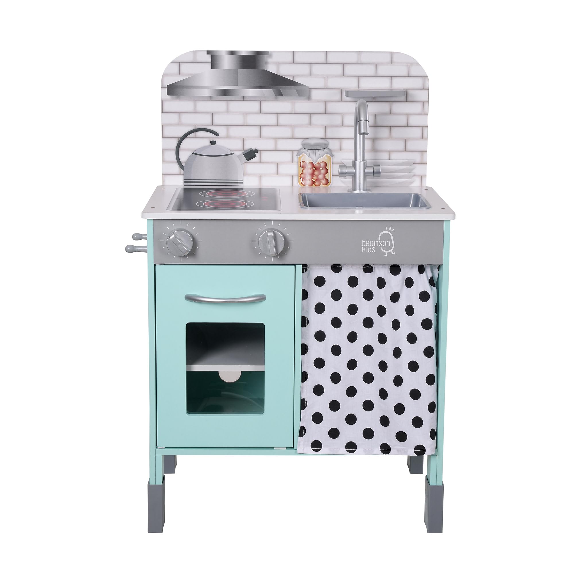 Teamson Kids Wooden Play Kitchen Pretend Play Kitchen with Interactive Role Play Oven, Sink and Curtain, Adjustable Leg Height, Little Chef Philly