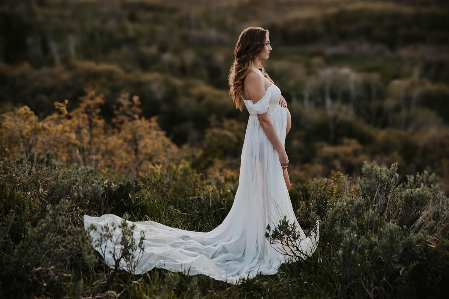 ZIUMUDY Maternity Dress for Photoshoot Photography Split Front Sheer Chiffon Off Shoulder Maternity Gown