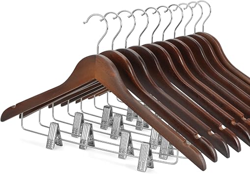 TOPIA HANGER Wooden Suit Hangers with Adjustable Metal Clips 10 Pack, Solid Wood Clothes Hangers, 360 Swivel Hook, Premium Retro Finish Pants Hangers for Clothes Coat, Jeans, Blouse-CT28A