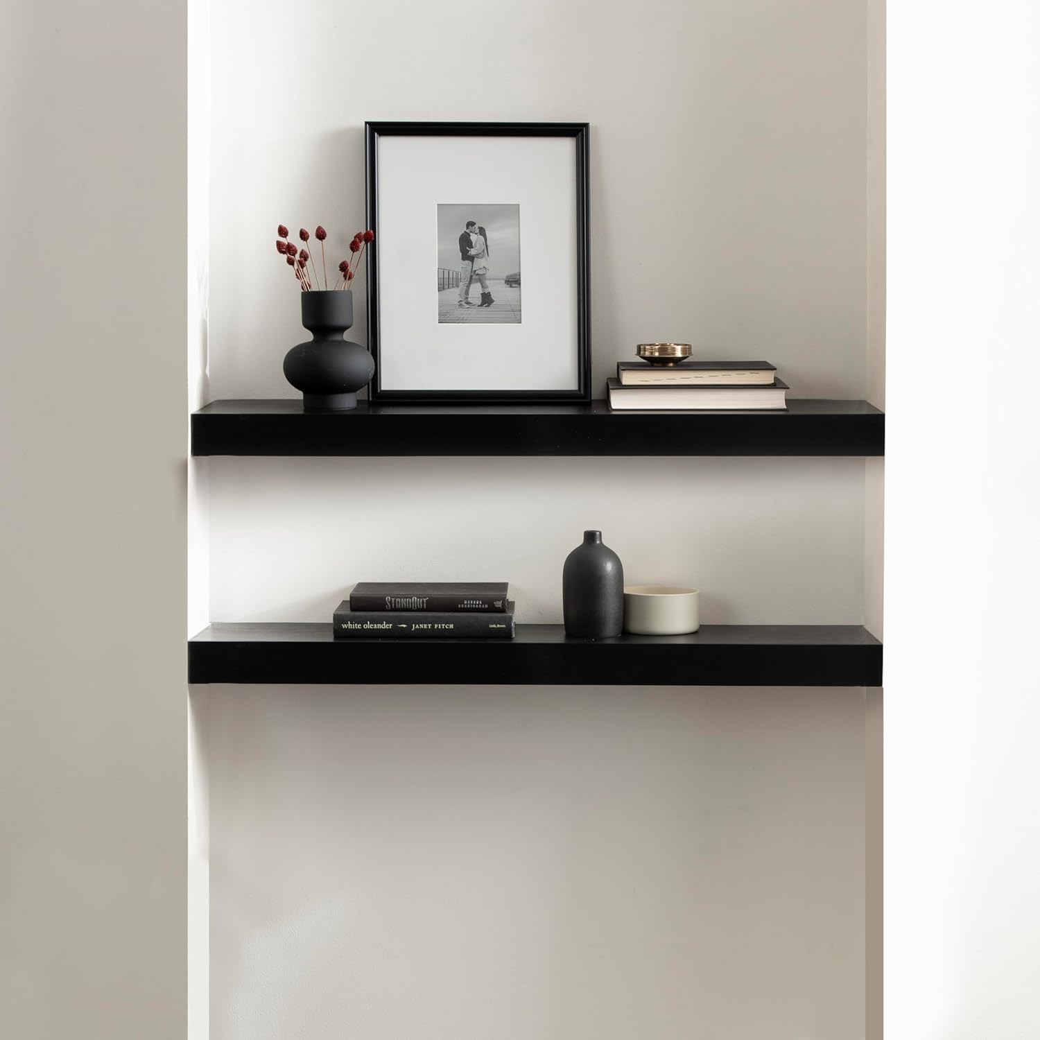 Kate and Laurel Havlock Modern Natural Floating Shelf; 36 x 8; Black; Functional Bathroom and Kitchen Shelf for Storage and Display of Picture Frames or Plants