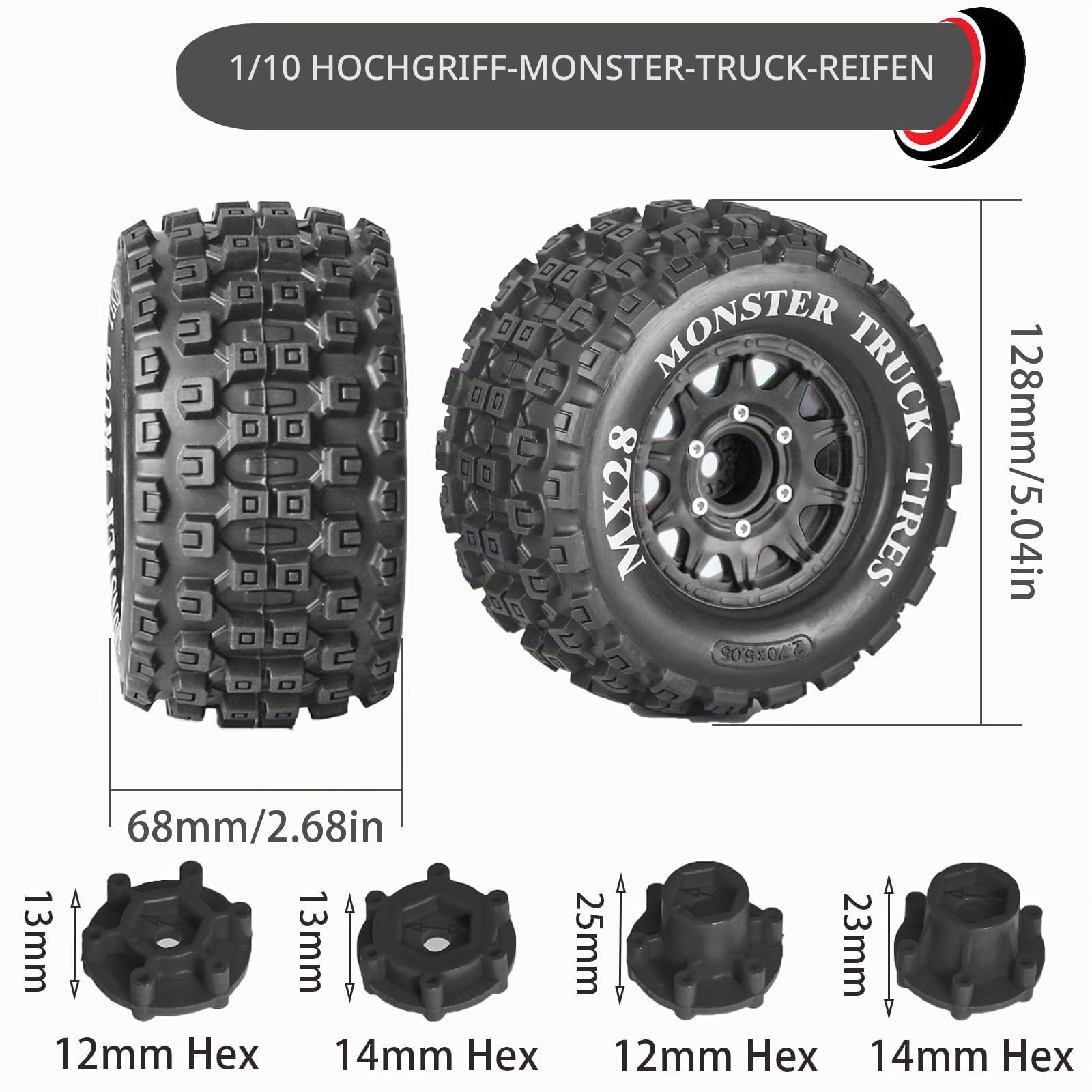 MX28 2,8 Zoll Reifen und Felgen Vorgeklebt All-Terrain MT Reifen mit 12mm/14mm Hex - 1/10 Maßstab RC Truck Reifen für ARRMA Big Rock, Granite, Senton, Vorteks, Traxxas Slash, Stampede, Rustler, Hoss
