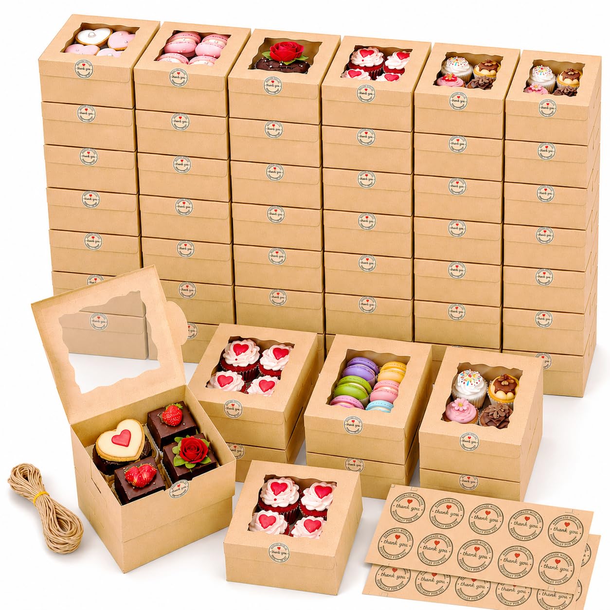 EffiQ-Rate 50 Pcs Small Cake Boxes with Clear Window, 15 x 15 x 7.6 cm Kraft Brown Cupcake Box with Stickers and Jute Twine, Cardboard Cookie Box for Cakes, Donuts, Chocolate Storage Displaying