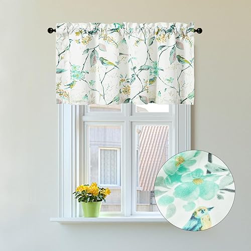VOGOL Cenefas de cortinas de cocina de lino sintético, cenefa filtrante de luz con estampado de pájaros verdes para dormitorio, baño, sala de estar,