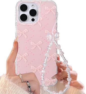for iPhone 16 Pro Max Case with Cute Pink Bowknots Aesthetic Girly Diamond Pattern Cover, Soft TPU Bumper Protective Phone Cases for Women Girls + Beaded Bow Chain