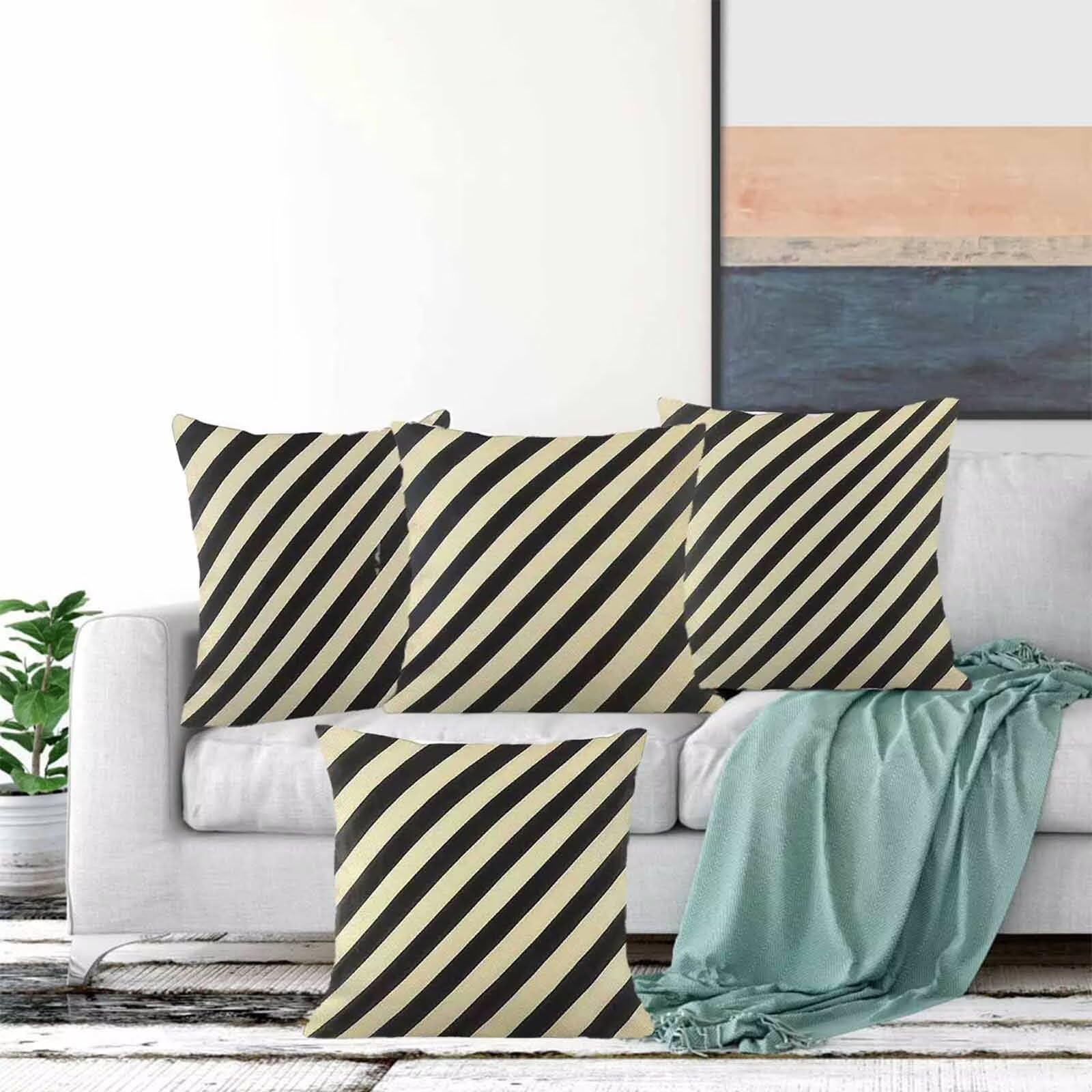 Bande Housse de Coussin 65x65 Lot de 4, Housse Coussin Noir et Blanc Taies d'Oreillers Double Face Impression Doux et Moelleux Taie Oreiller avec Fermeture Éclair Invisible pour Salon Chambre -lsy5433