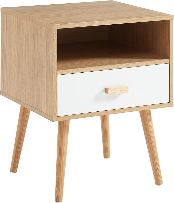 BAITA Mesita de Noche ULOS, Blanco y Madera Clara