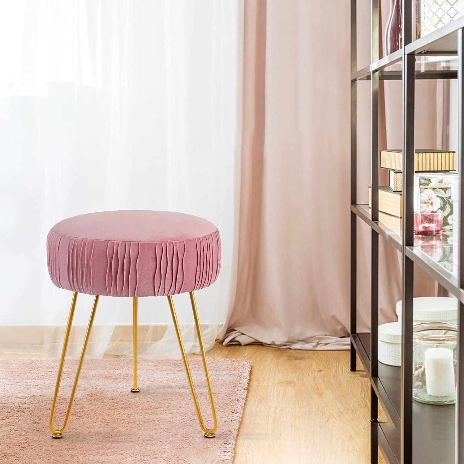 Toeletta Moderna Bianca, Tavolo da Trucco da 80 cm con Specchio Rotondo LED Rimovibile e 2 cassetti, Sedia Imbottita con Schienale, postazione Trucco con Gambe in Metallo