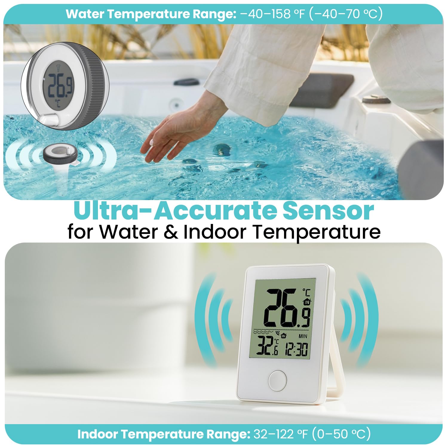 Pure55 SpaGauge - Termómetro inalámbrico para bañera de hidromasaje con baterías, termómetro impermeable IPX7 para piscina, flotante, medidor de temperatura digital fácil de leer con pantalla interior