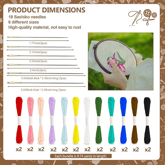 24 Skeins Sashiko Thread,18Pcs sashiko Needles, 100% Cotton,12 Colors, Each Bundle Measuring 8 Meters/8.75 Yards,Suitable for Sewing and Embroidery.