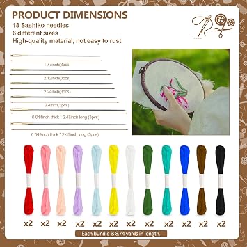 24 Skeins Sashiko Thread,18Pcs sashiko Needles, 100% Cotton,12 Colors, Each Bundle Measuring 8 Meters/8.75 Yards,Suitable for Sewing and Embroidery.