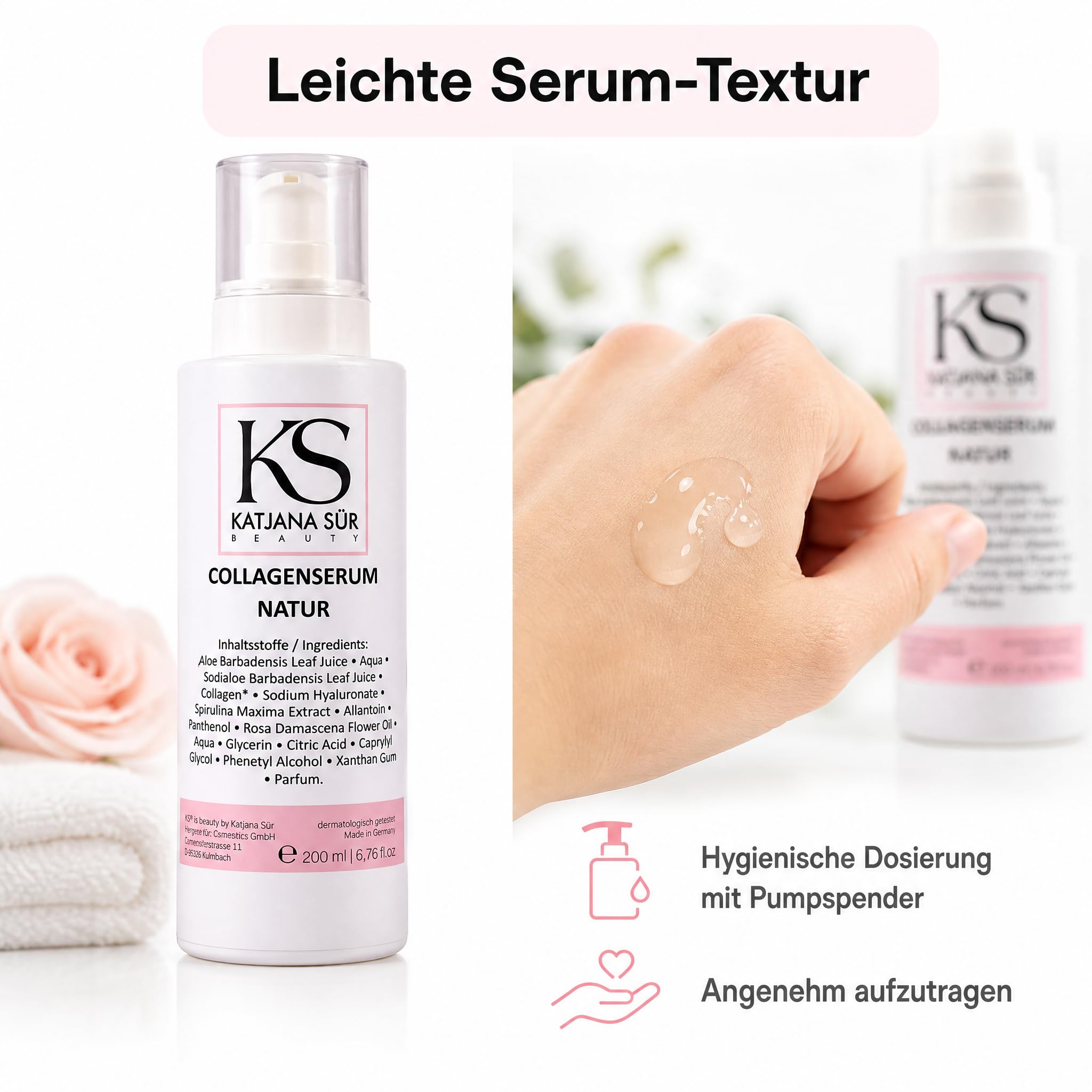 KS Beauty Collagen Serum Natur, Hyaluron & Aloe Vera, 200 ml | Feuchtigkeitsserum für Gesicht mit Rosenöl, Spirulina & Panthenol – dermatologisch getestet, Made in Germany