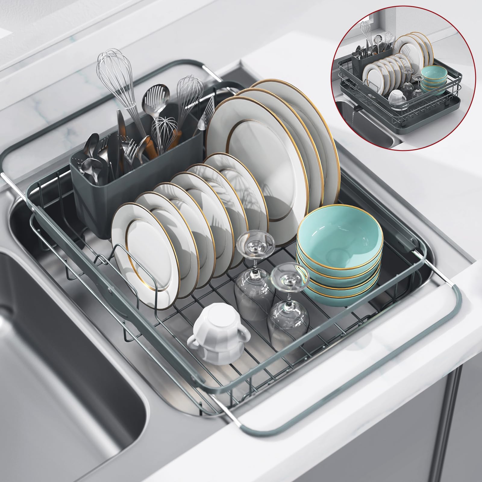 Sink Drying Rack Expandable - Stainless Steel Dish Drying Rack with Drainboard Used on Kitchen Counter, Over Sink and in Sink, Gray